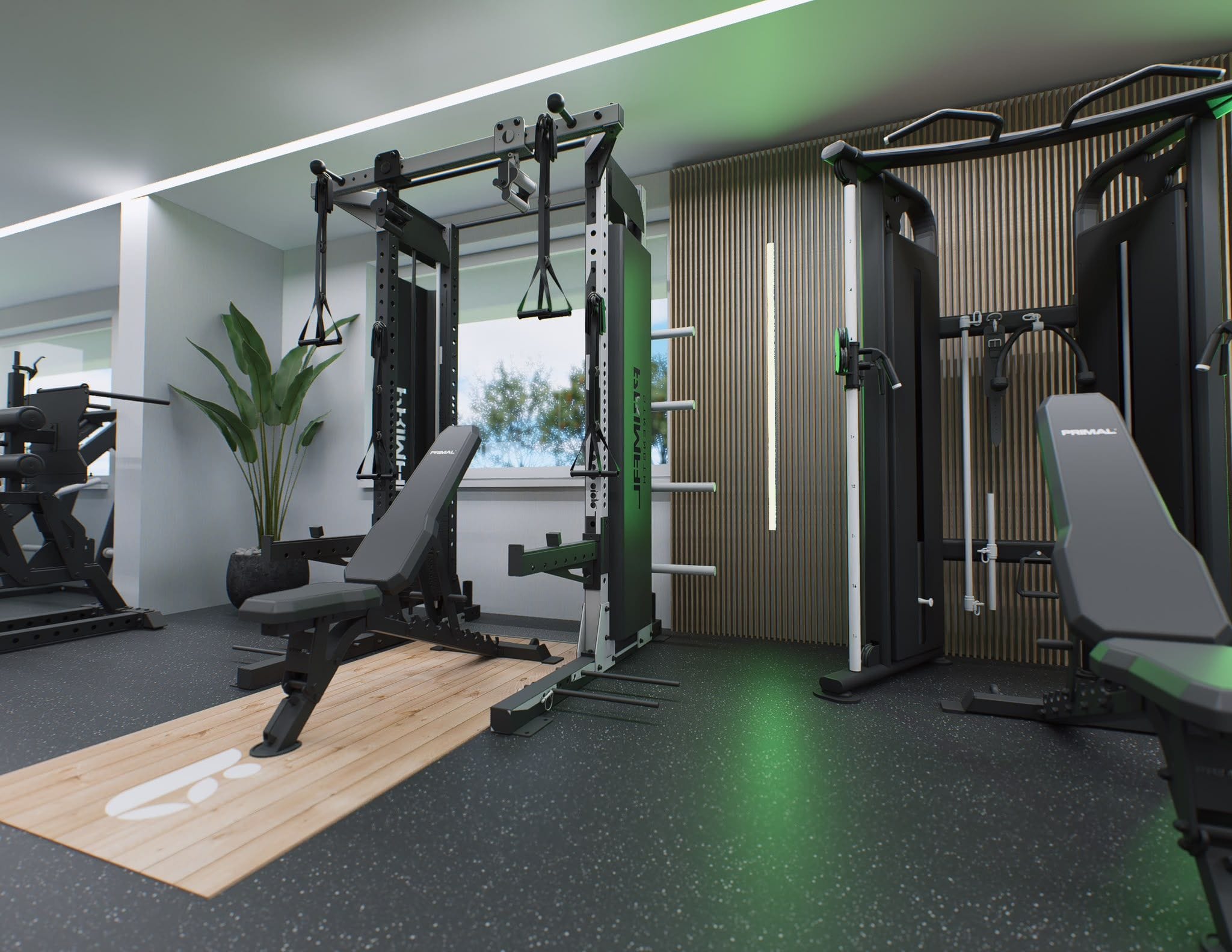 The functional training rig with green accent lighting