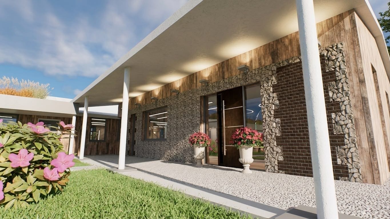 Render of the Breeze entrance with stone columns and planting